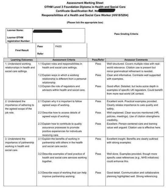 OTHM Level 3 Foundation Diploma in Health and Social Care assessment marking sheet for Responsibilities of a Health and Social Care Worker unit, showing all learning outcomes achieved and final result graded as PASS.