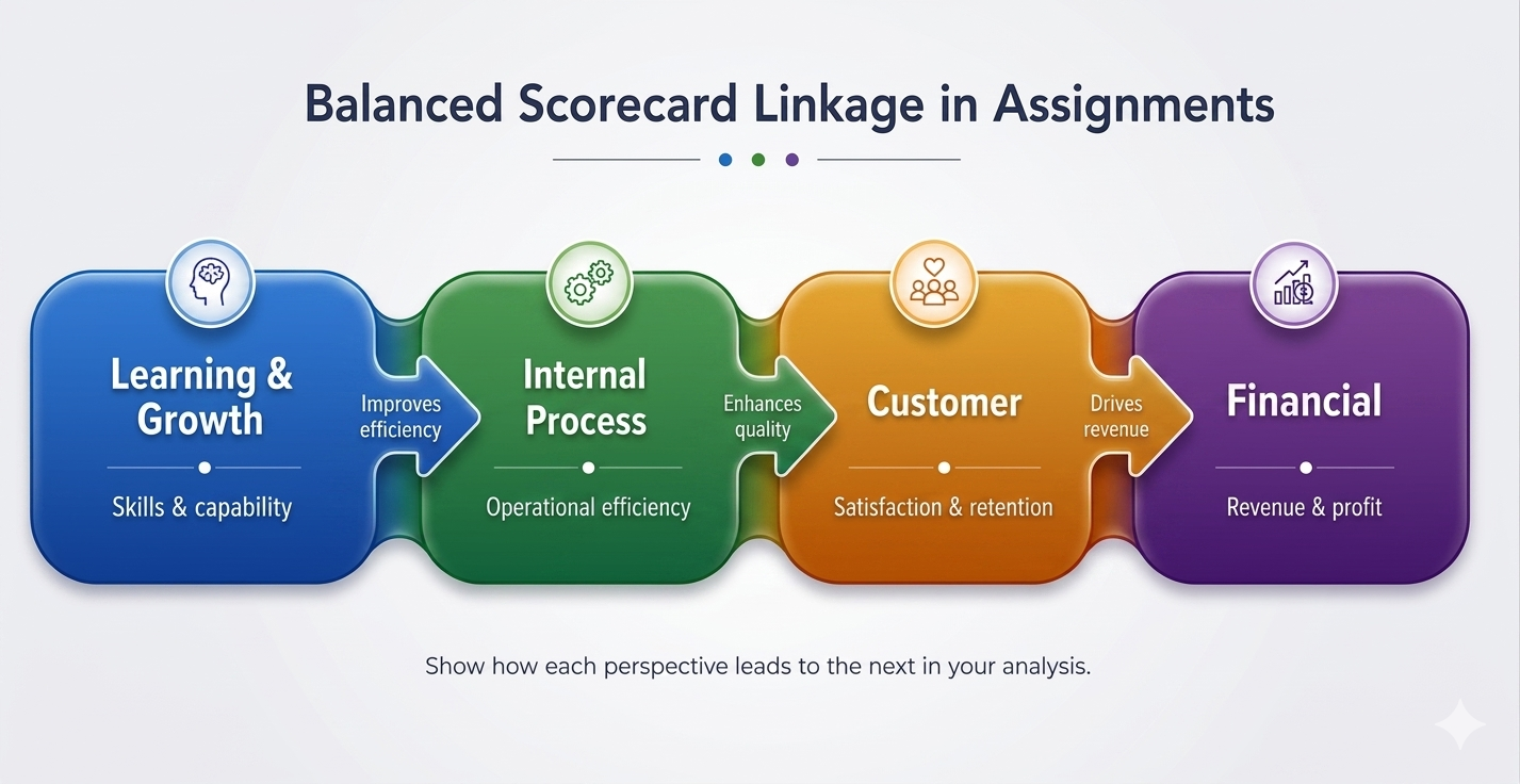Infographic illustrating the cause-and-effect linkage between Balanced Scorecard perspectives from learning and growth to financial performance. 