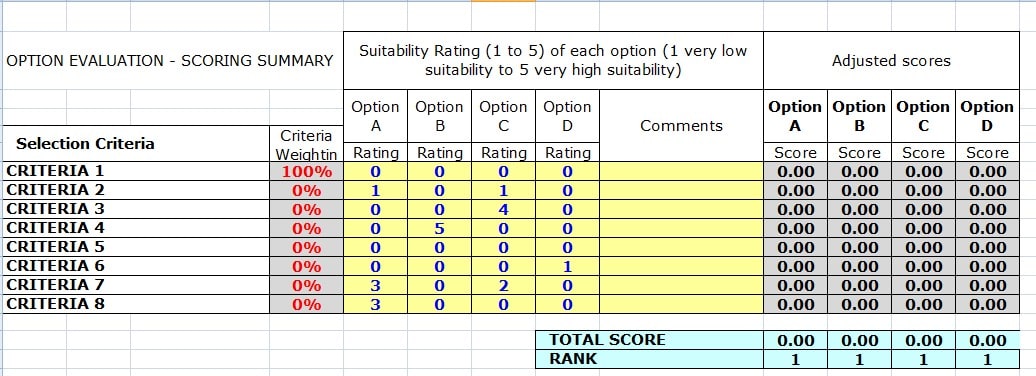 option evaluation - scoring summary