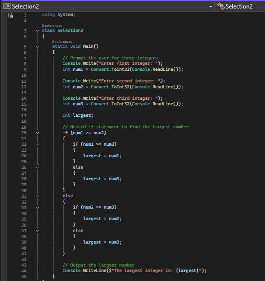 Screenshot of the code for finding the largest integer
