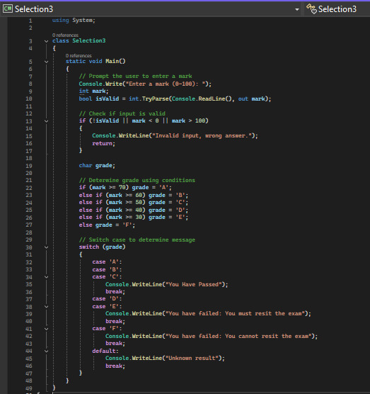 Screenshot of the code for grade evaluation system