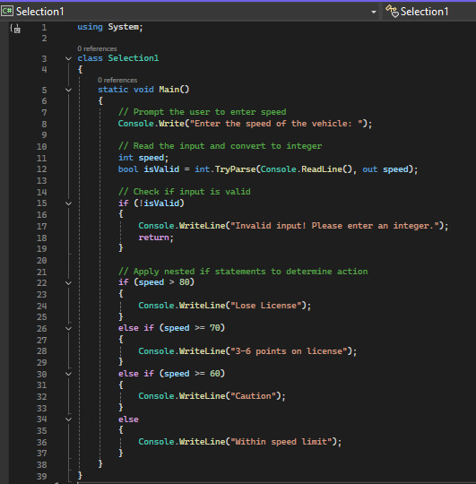 Screenshot of the code for speed limit checking