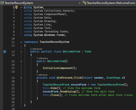 creenshot of the code for the welcome page of teacher record system