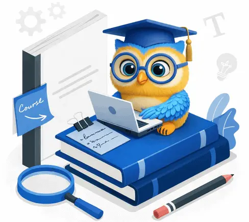 Illustration of a student sitting on stacked books using a laptop, surrounded by study tools like a magnifying glass, notebook, and pencil, symbolizing academic support services.