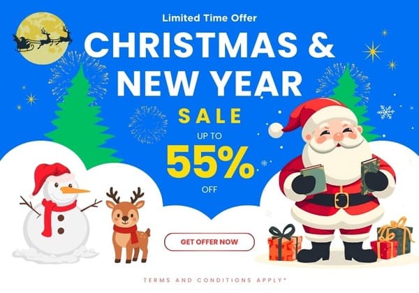 Holiday-themed banner decorated with snowflakes and greenery, highlighting a seasonal message and a 55% off discount.