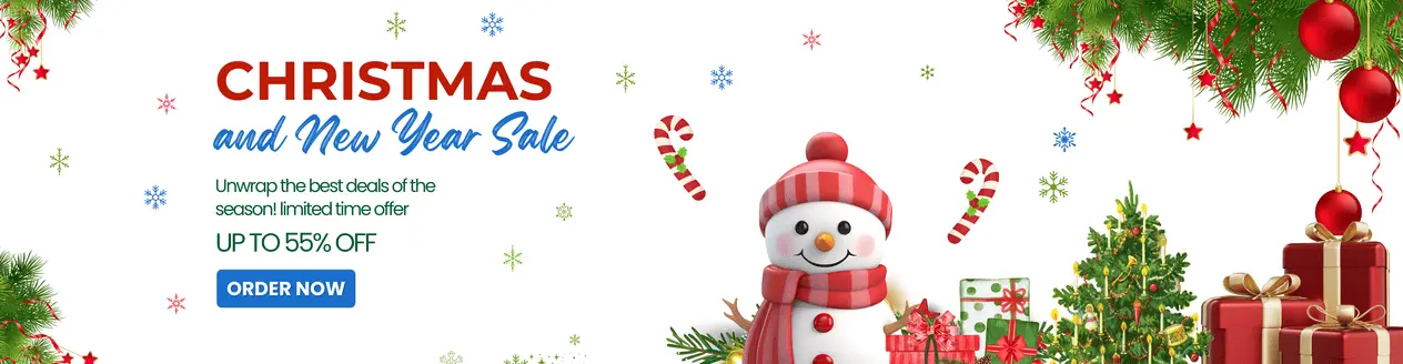 Festive Christmas sale banner offering up to 55% off on assignment help services