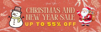 Christmas banner with festive decor and a upto 55% off offer by Native Assignment Help.