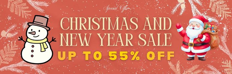Christmas banner with festive decor and a upto 55% off offer by Native Assignment Help.
